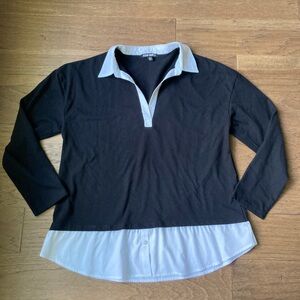 Steve Madden Black Layered-Look Pullover with White Shirt Hem and Collar-Size XL